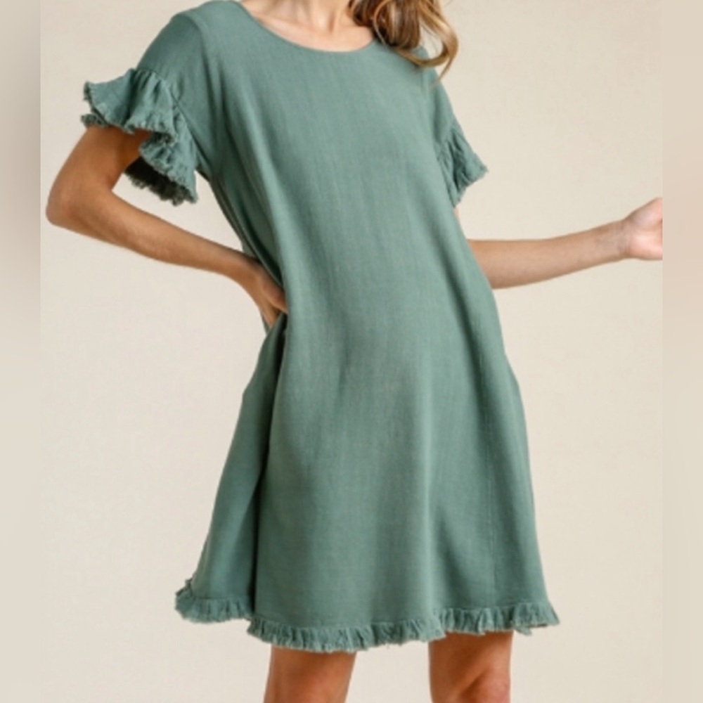 Umgee Lagoon Teal Linen Short Sleeve Dress w/ Raw Edges Linen Blend Size Large